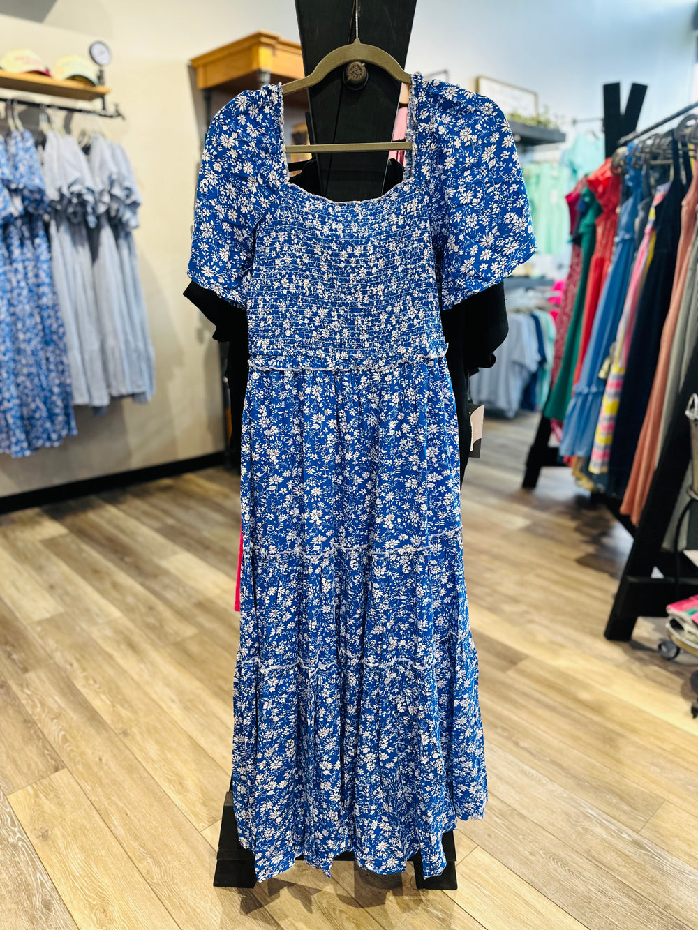 Smocked Floral Square Neck Maxi Dress