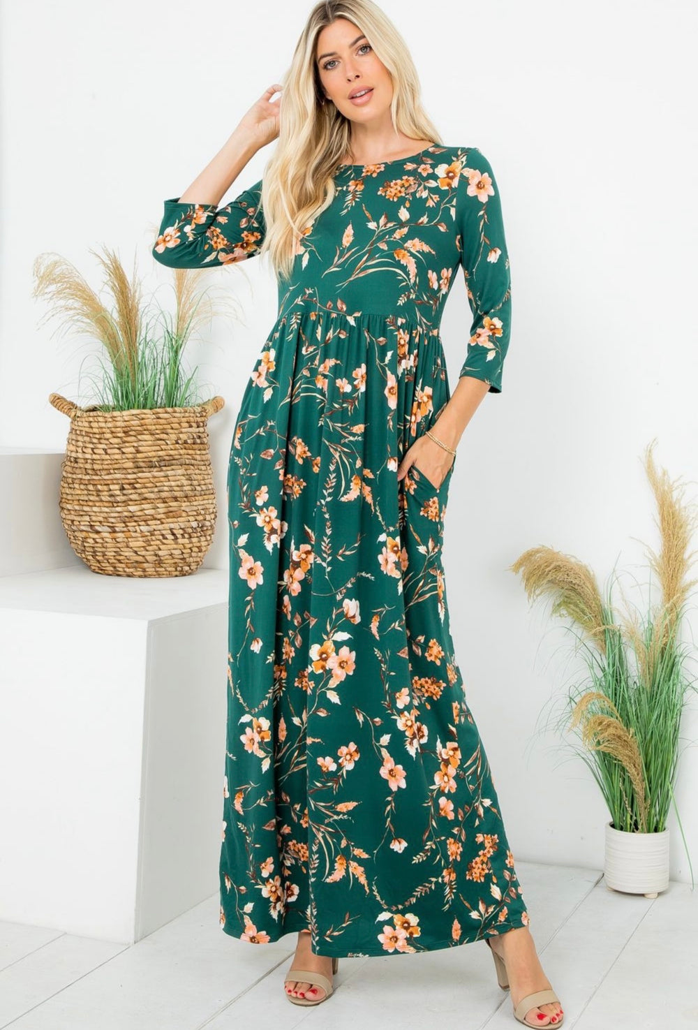 Curvy ~ Hunter Green Floral Maxi Dress