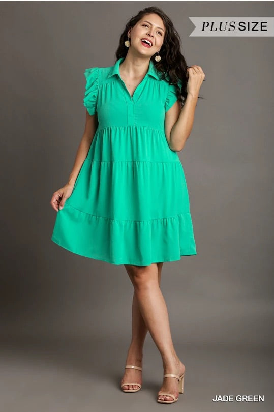 Curvy - Green Ruffle Sleeve Dress
