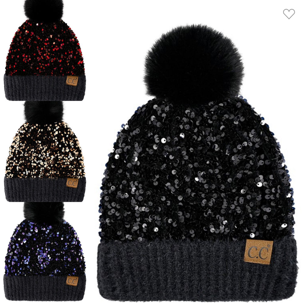 CC Fur Pom Sequin Beanie