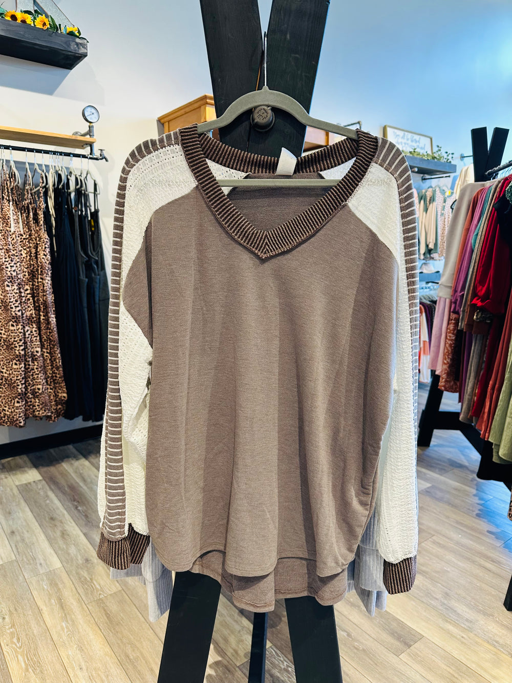 Curvy ~ Brown Color Block Top