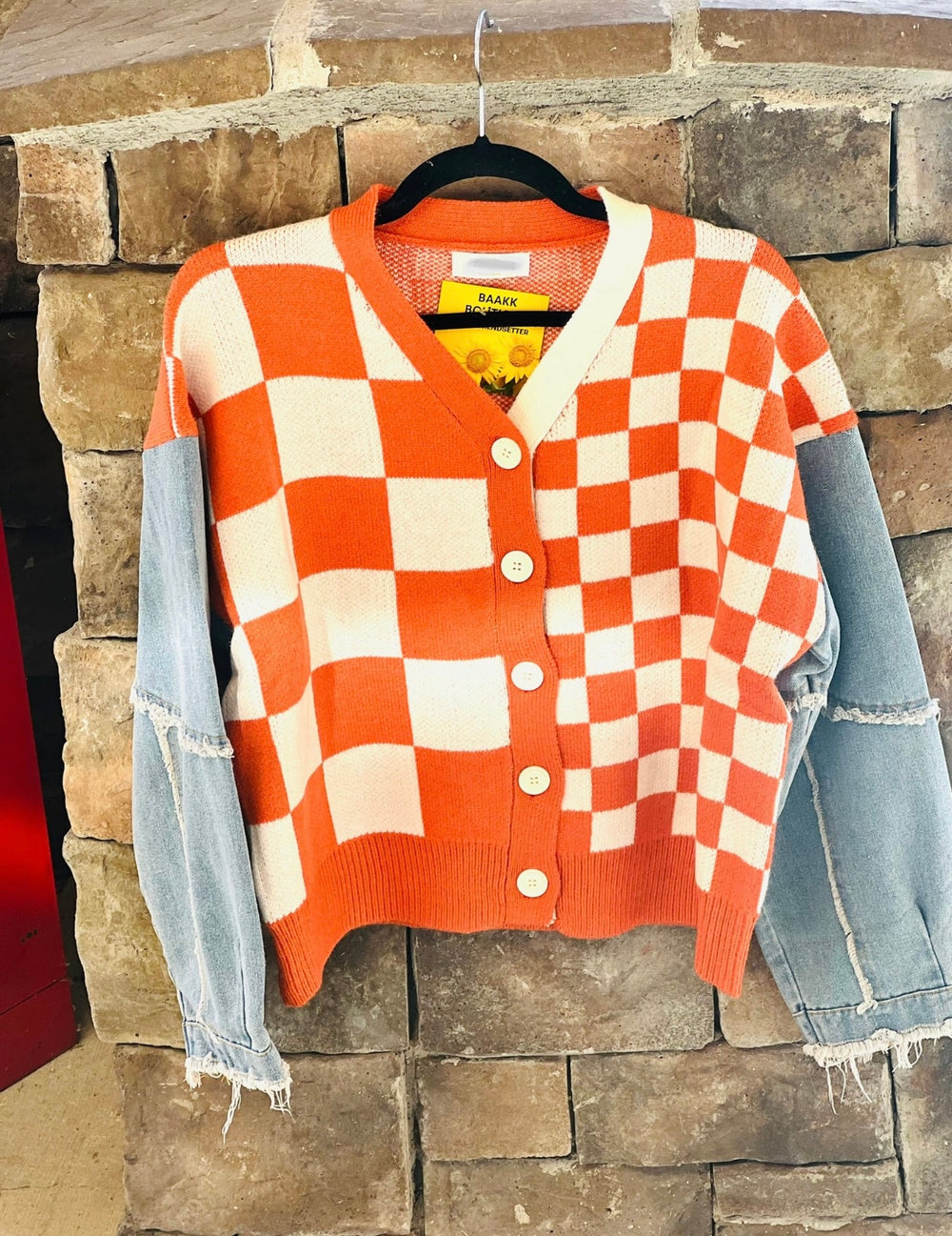 Checker Cardigan with Denim Sleeves