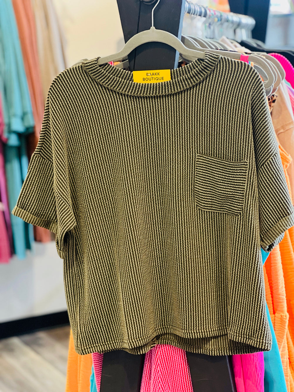 Olive Corded Ribbed Front Pocket Top