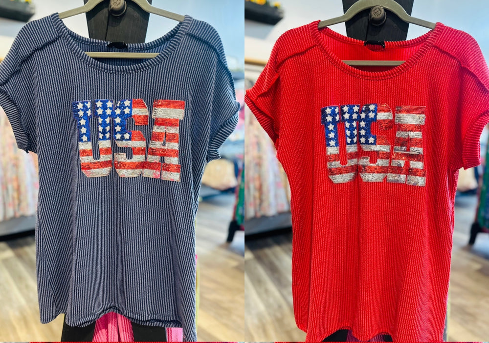 Ribbed USA Sequin Top