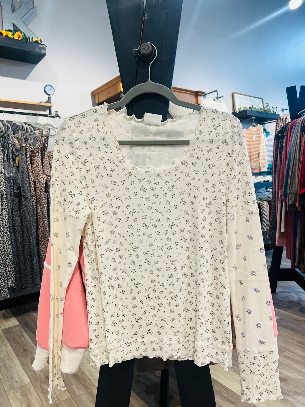 Blue Floral Lettuce Hem Top