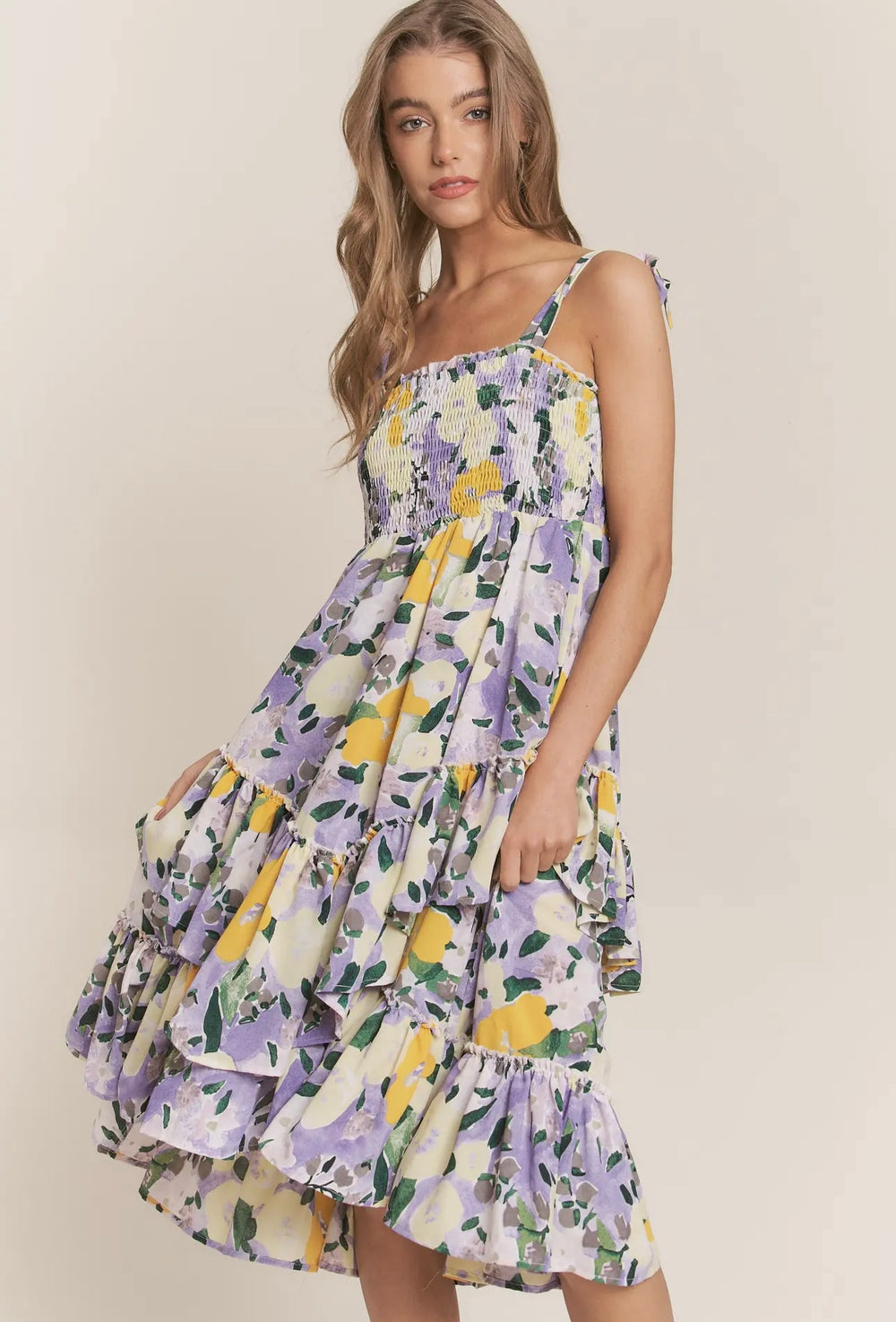 Smocked Floral Layered Dress