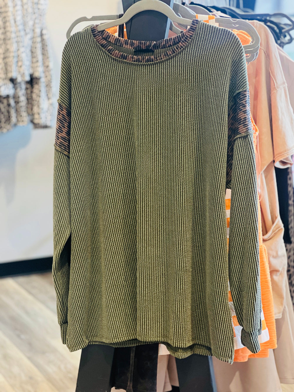 Curvy ~ Olive Ribbed Contrast Top