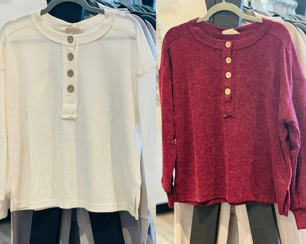 Ribbed Henley Long Sleeve Top