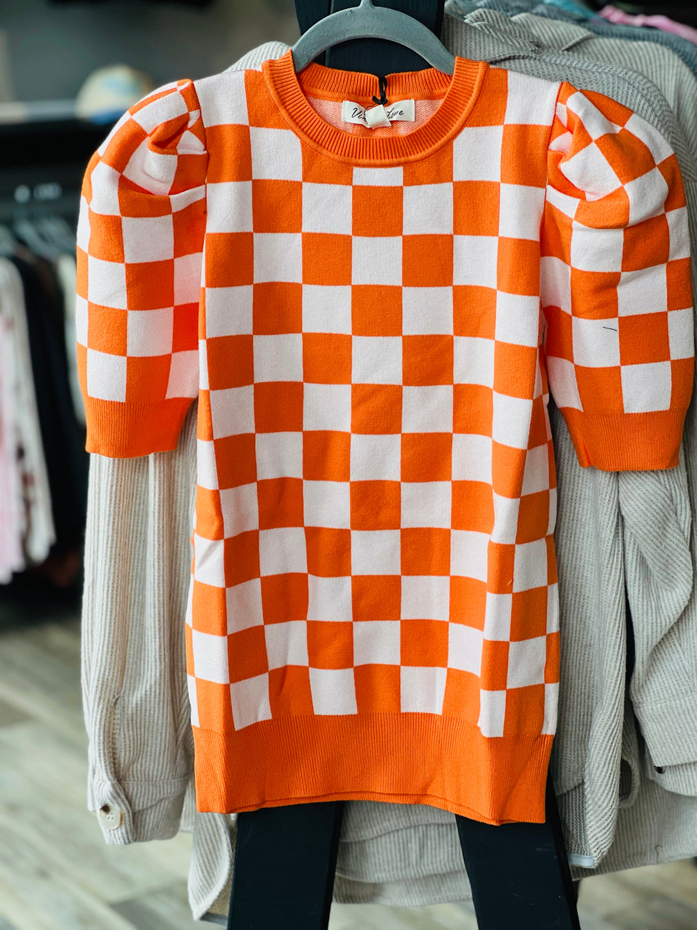 Checker Board Puff Sleeve Sweater