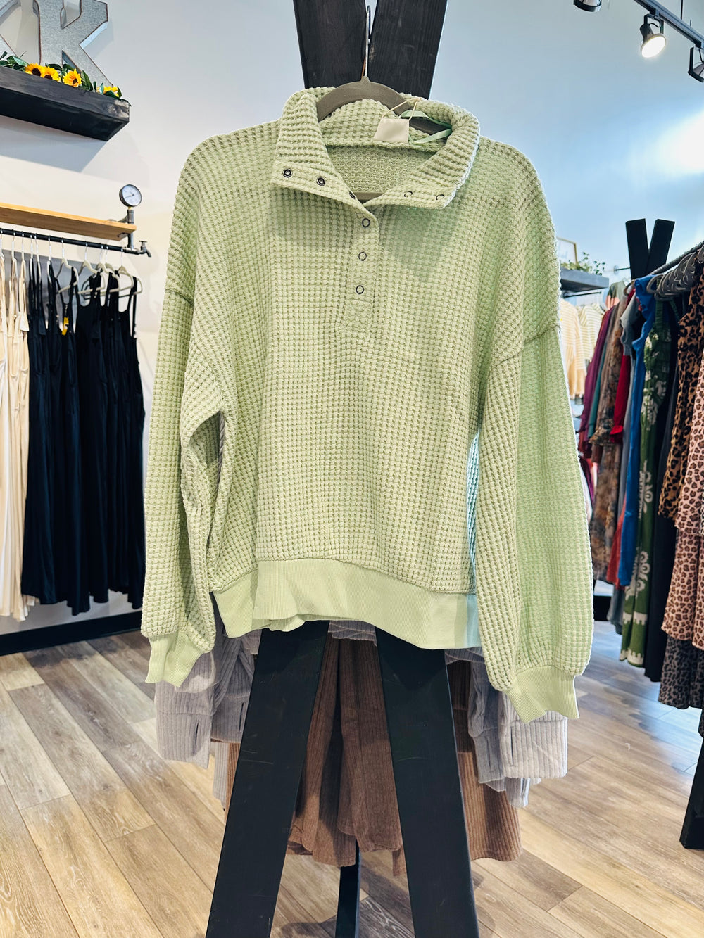 Sage Waffle Knit Button Top