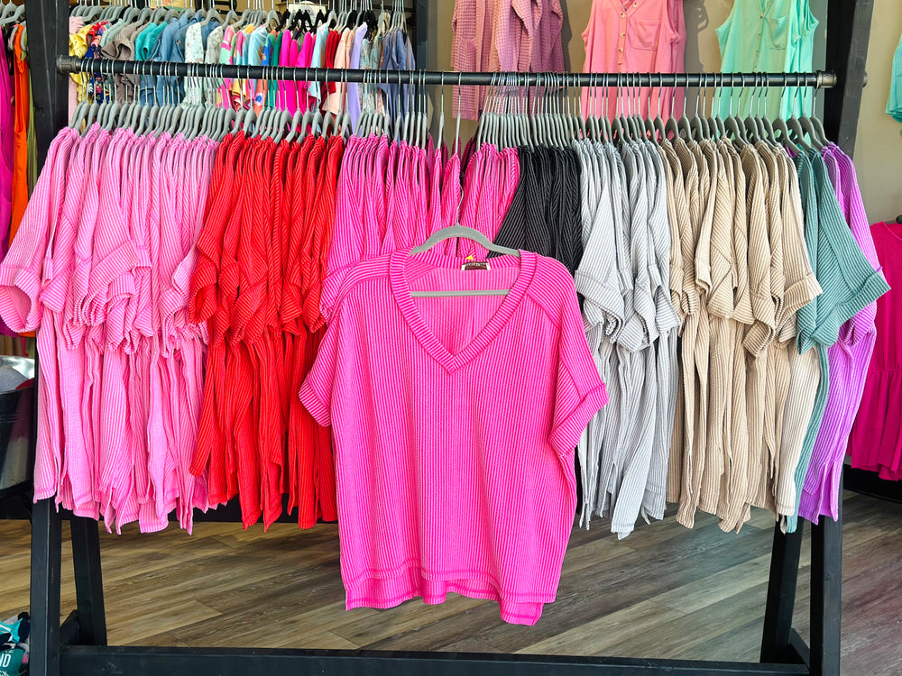 Corded Ribbed Hi Low V-Neck Top