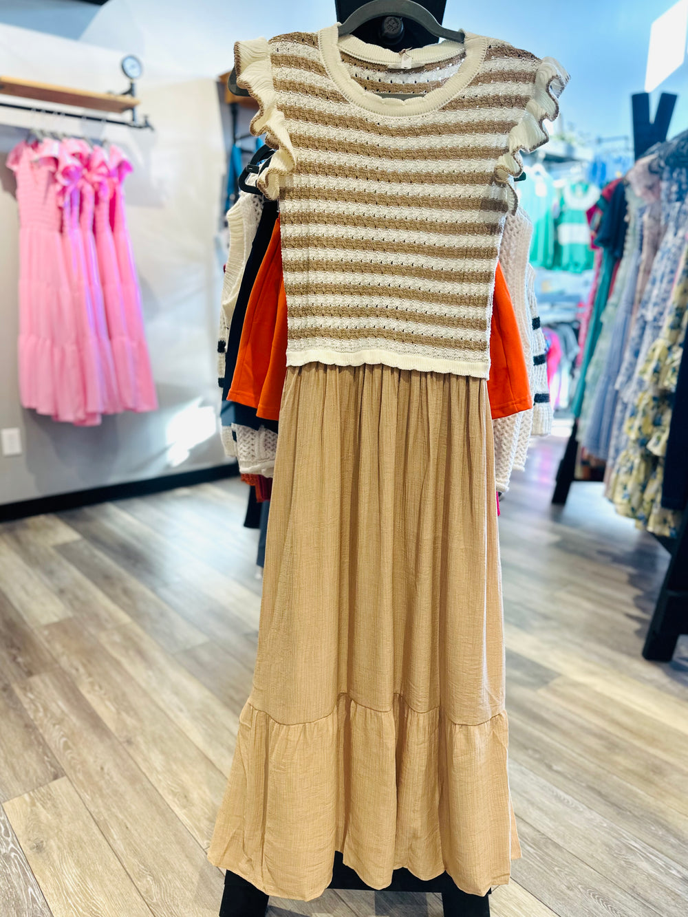 Taupe Striped Sweater MIDI Dress