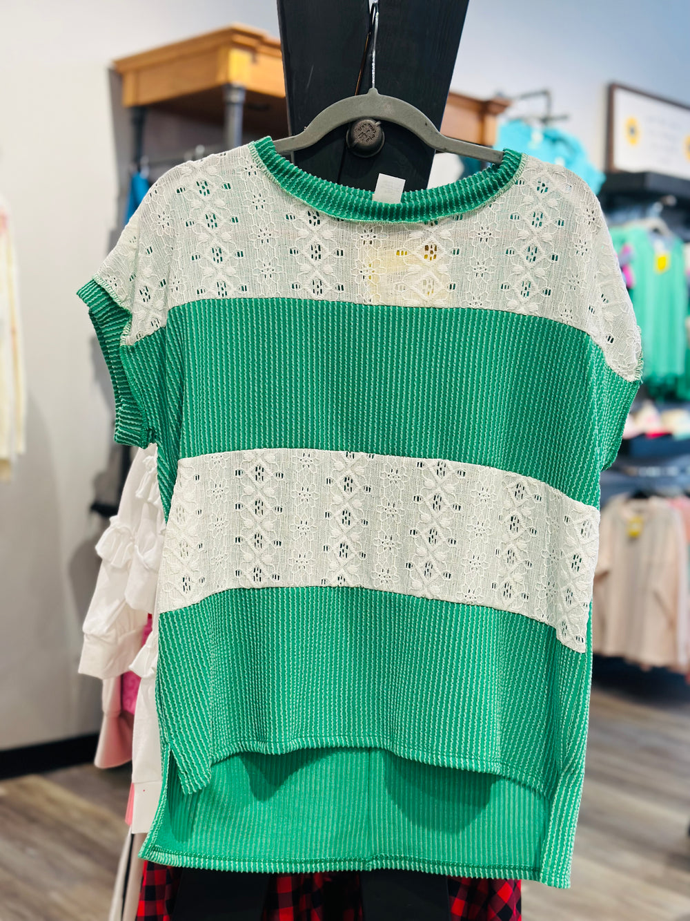 Green Ribbed Lace Detailed Top