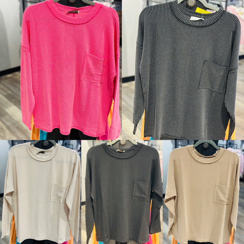 Ribbed Front Pocket Long Sleeve Top