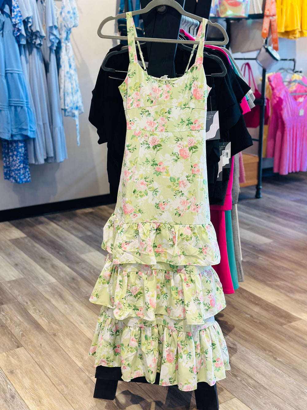Mint Floral Ruffle Tiered Dress