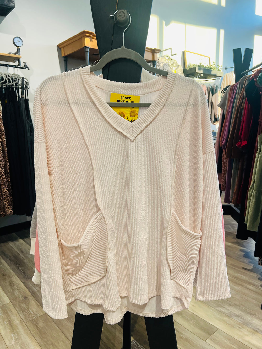 Cream Ribbed Pocket Top
