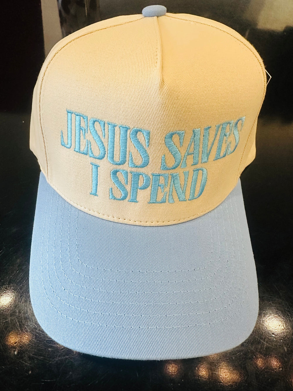 Jesus Saves I Spend Embroidery Hat Blue