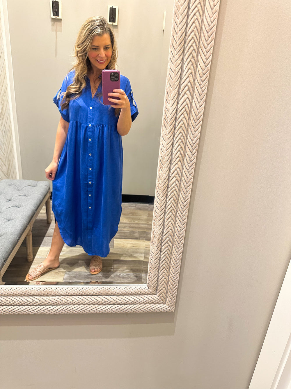 Curvy ~ Blue MIDI Length Linen Dress