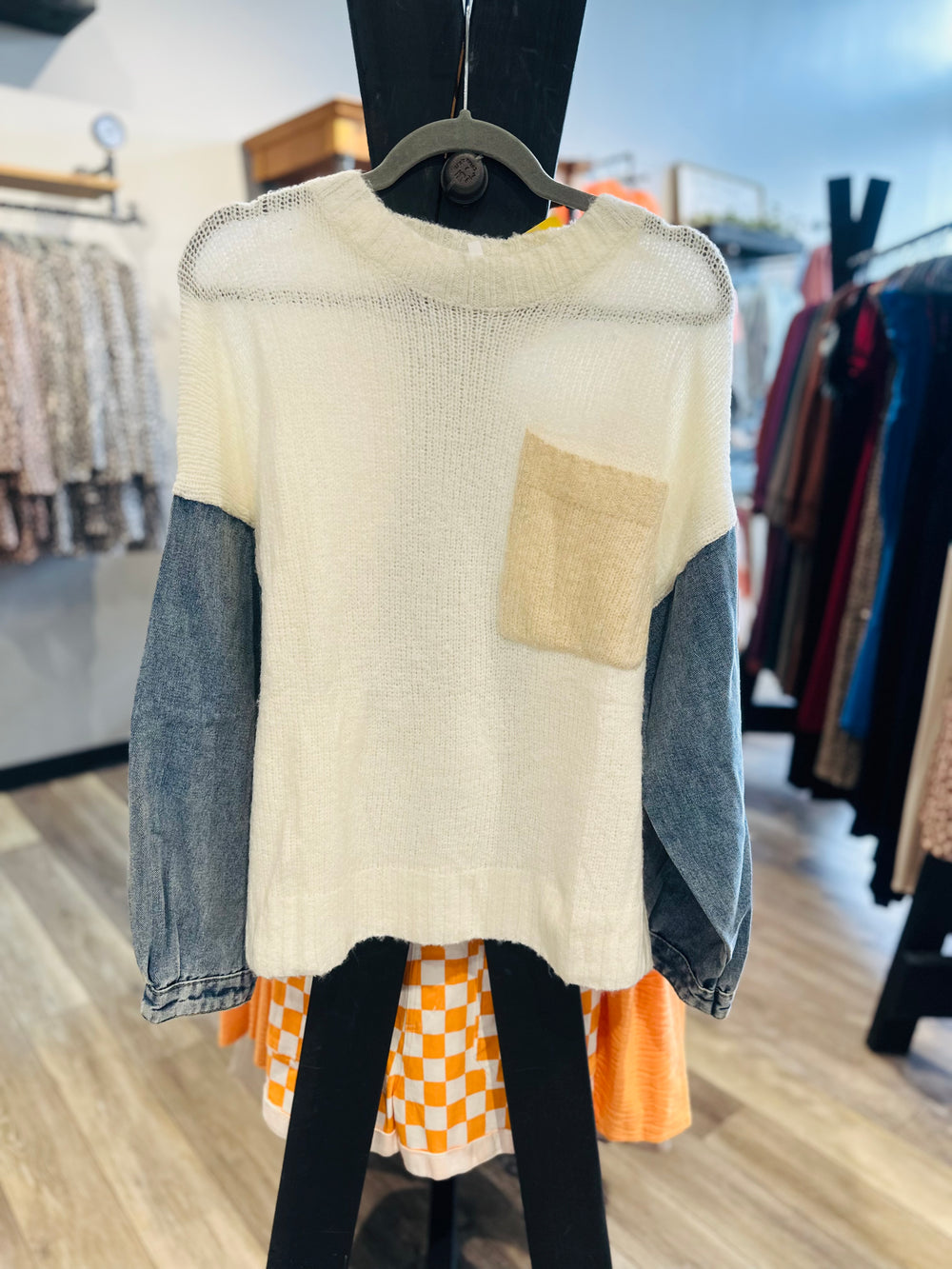 Cream Knit Sweater with Denim Sleeves