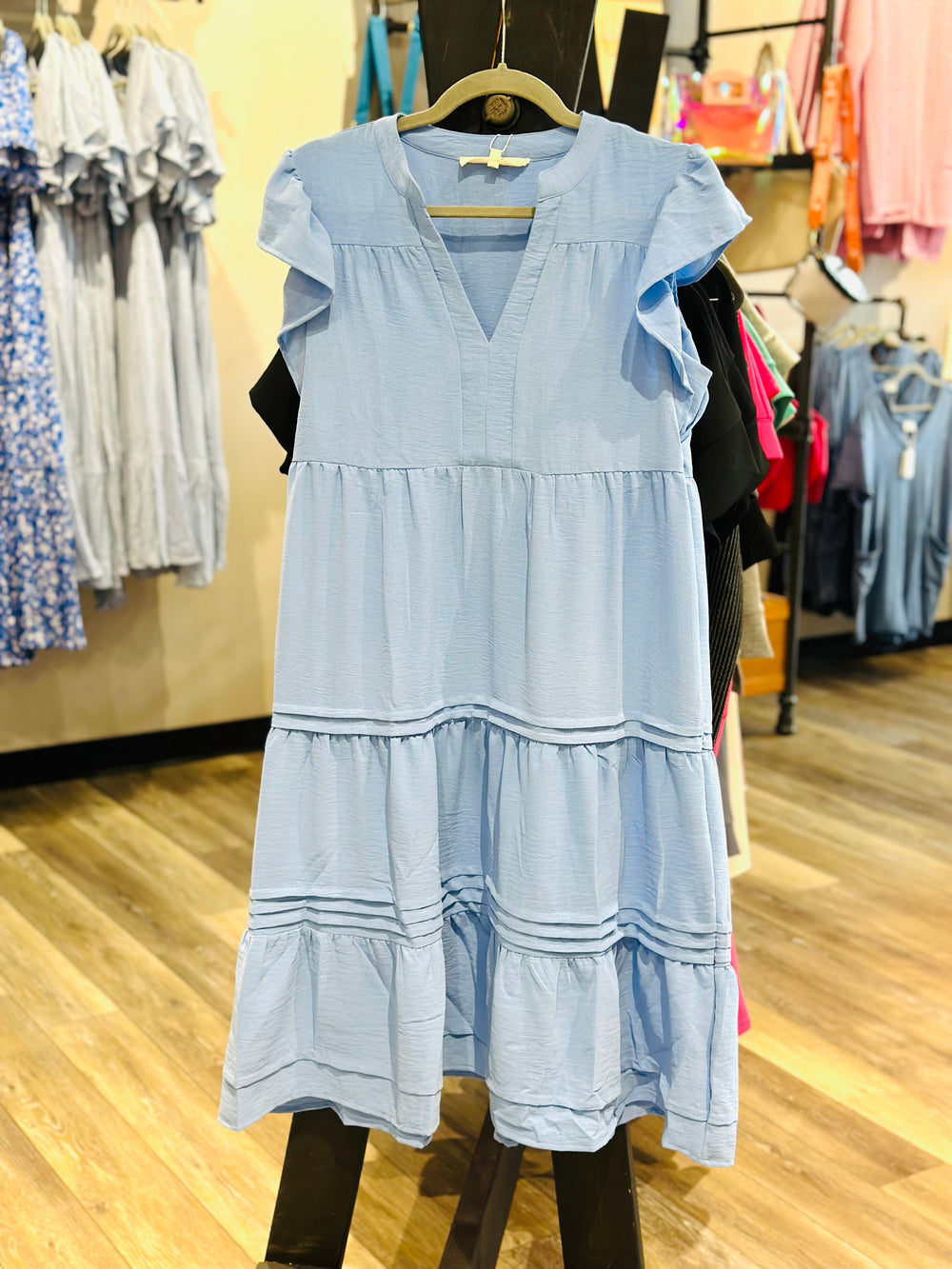 V-Neck Flutter Sleeve Dress