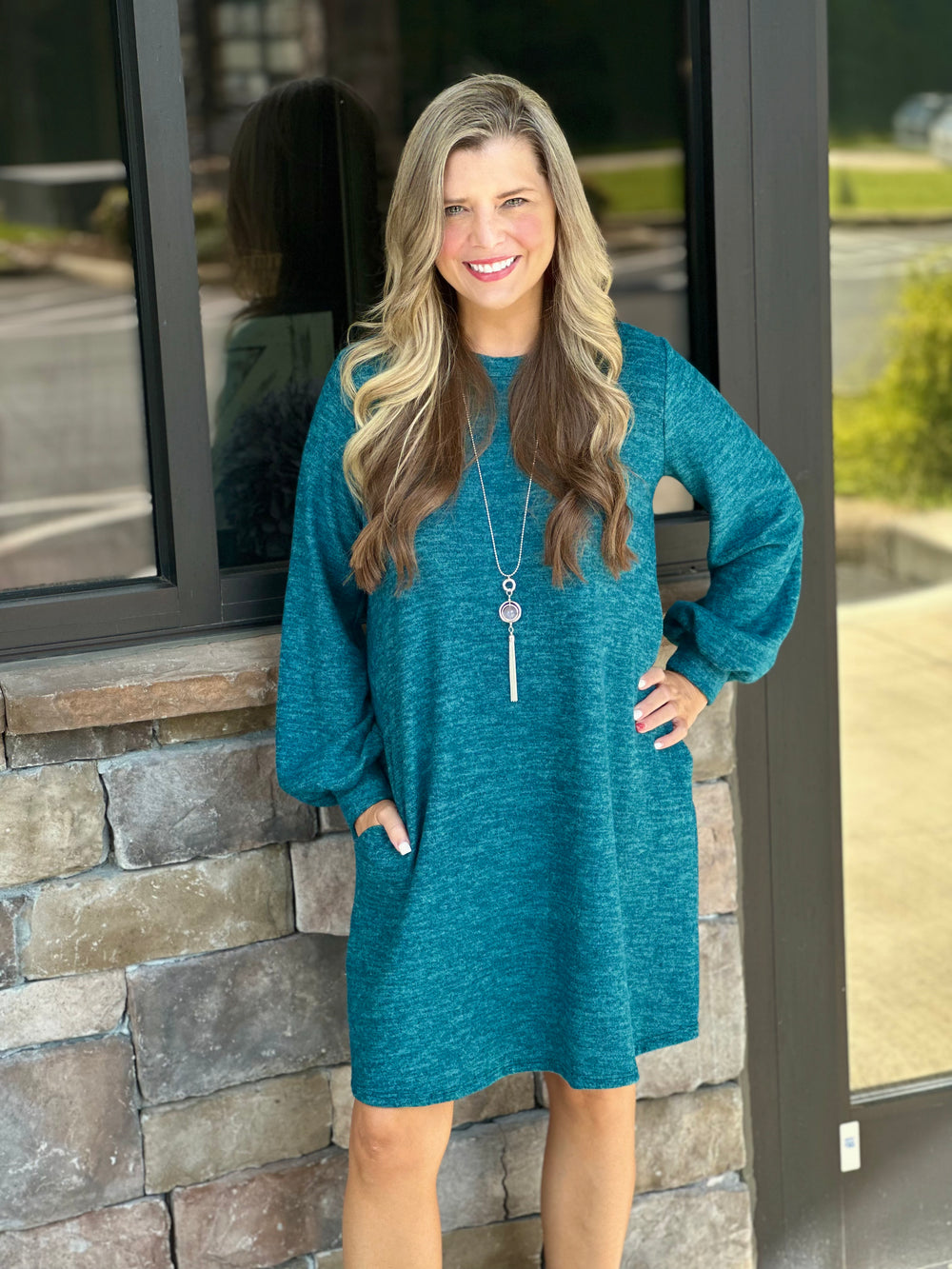 Teal Brushed Puff Sleeve Dress