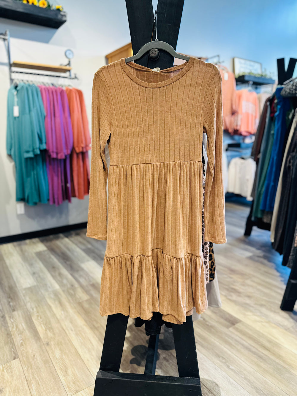 Camel Ribbed Midi Dress