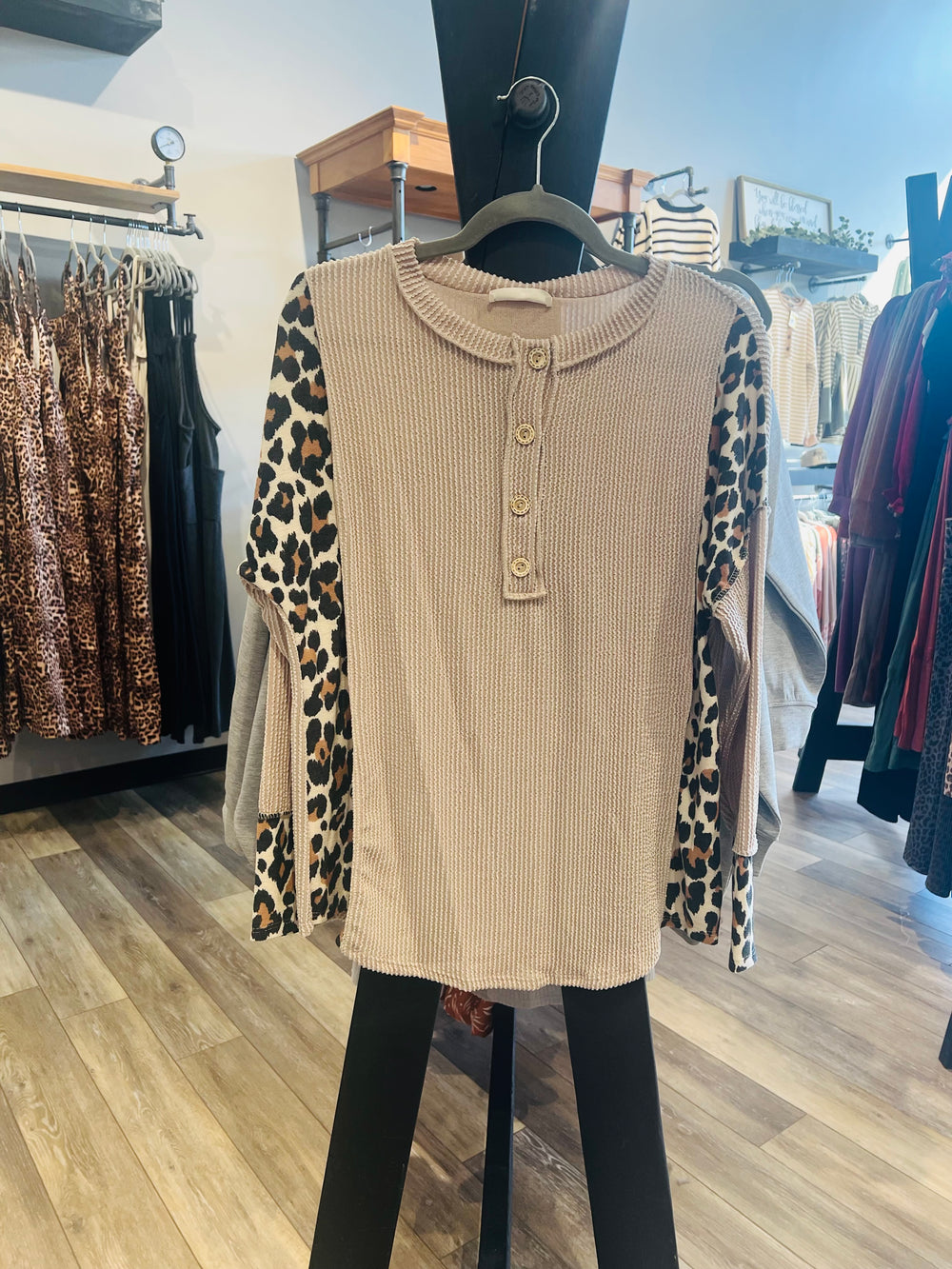 Taupe Henley Animal Print Top