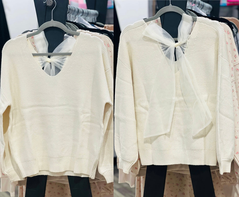 Drop Shoulder Bow Back Tie Sweater
