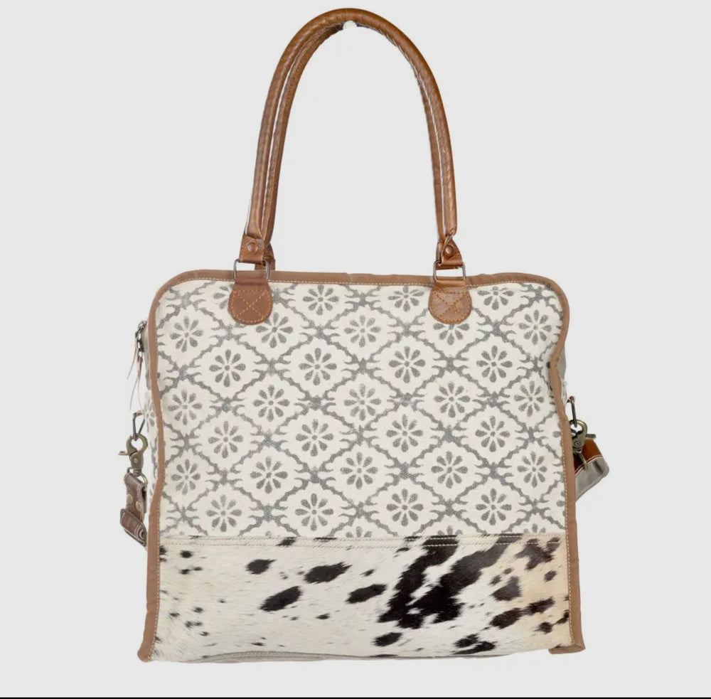 Mixed Fabrics Cowhide Trim Tote Bag