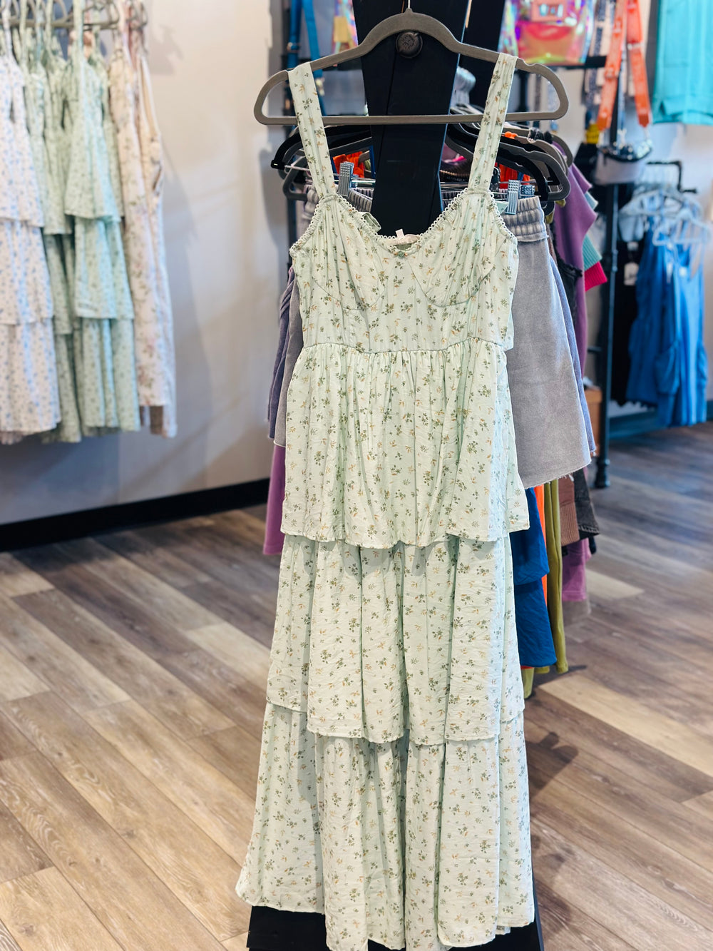 Sage Corset Ruffle Tiered Dress