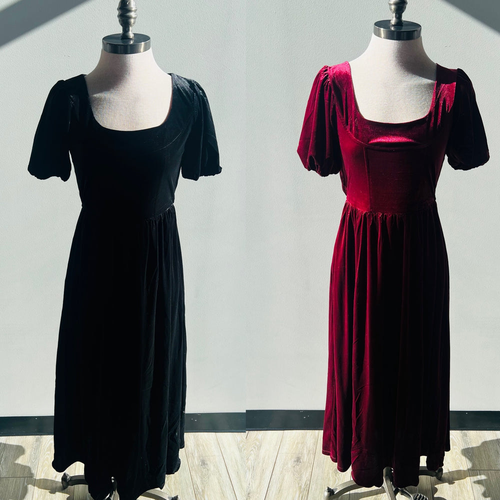 Velvet Puff Sleeve Midi Dress