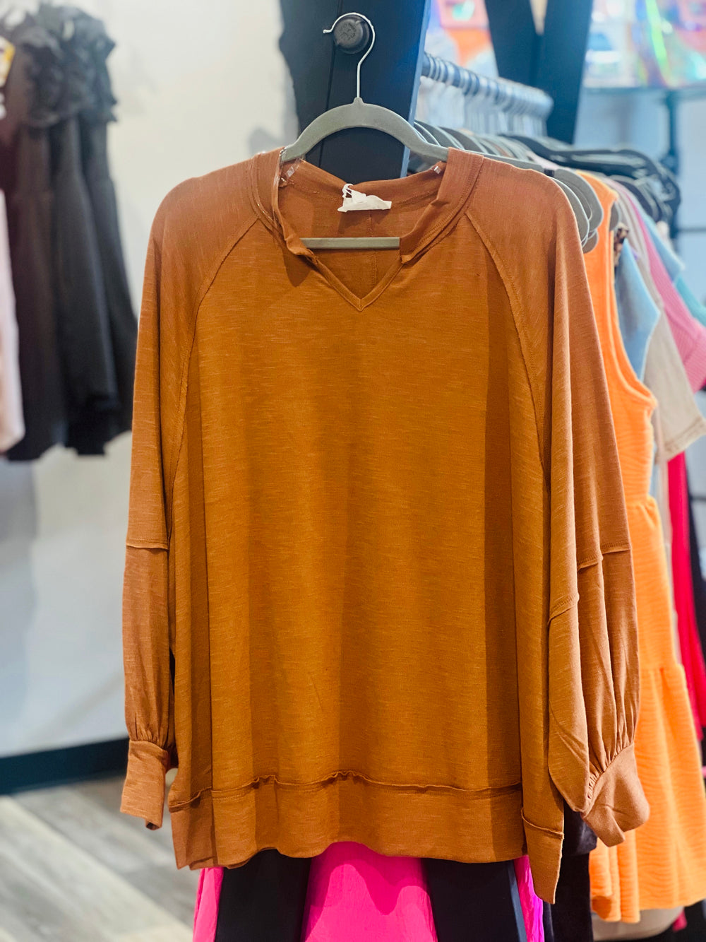 Curvy ~ Caramel Split V-Neck Top