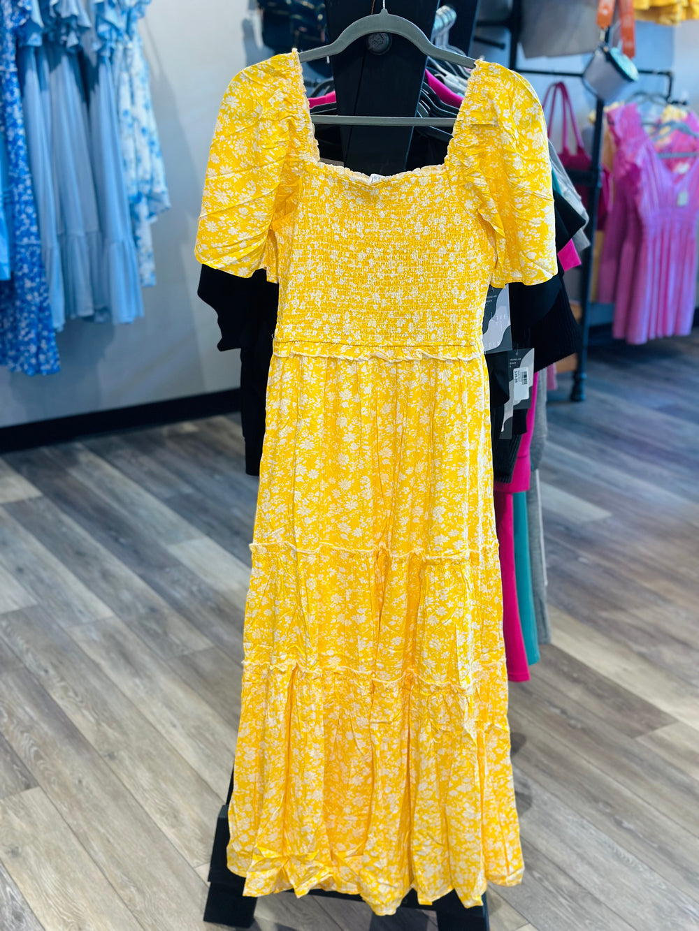Yellow Smocked Square Neck Dress