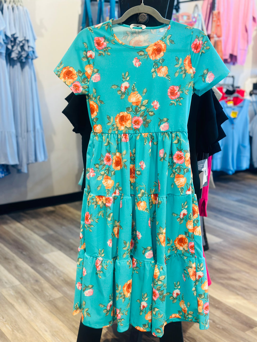 Green Floral Tiered Dress
