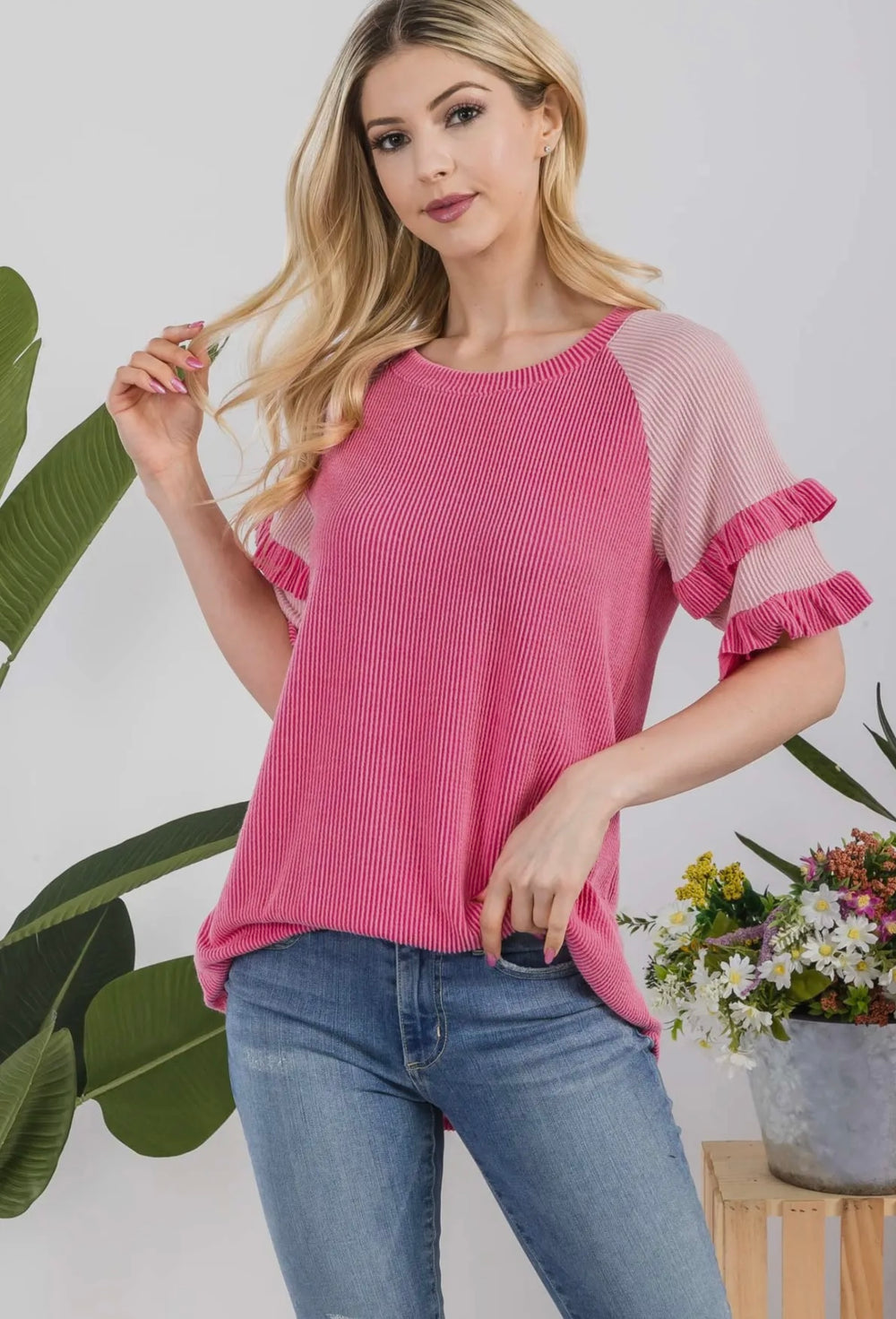 Curvy ~ Ribbed Top with Ruffled Sleeves