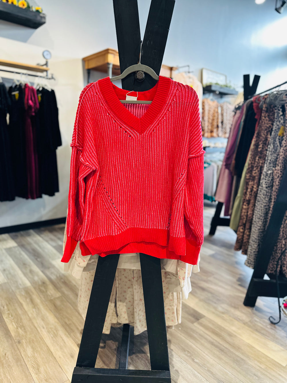 Red Oversized Two Tone Sweater