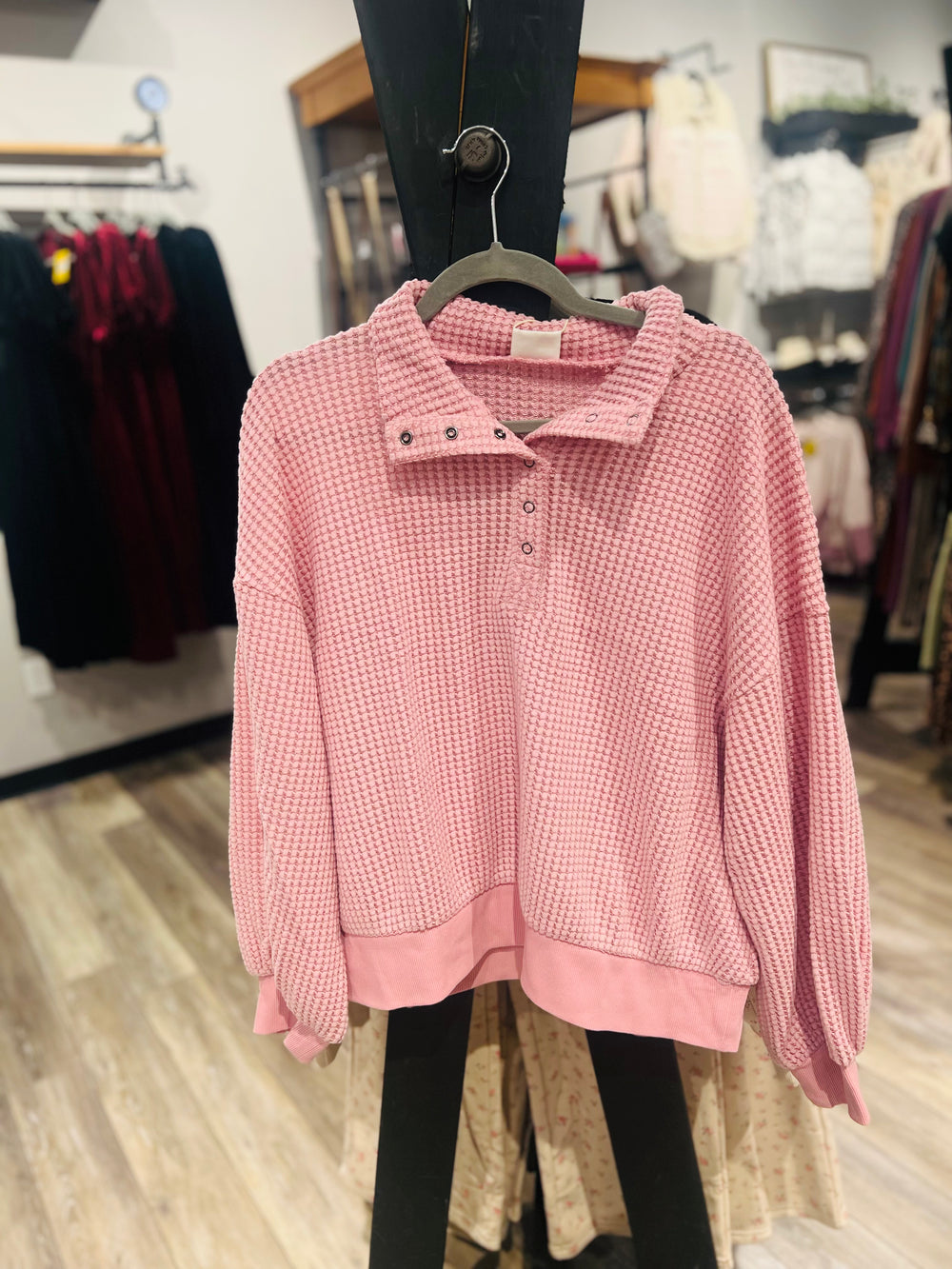 Pink Half Button Waffle Knit Top