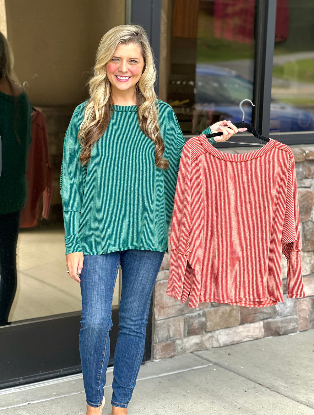 Hunter Green Ribbed Sleeve Top