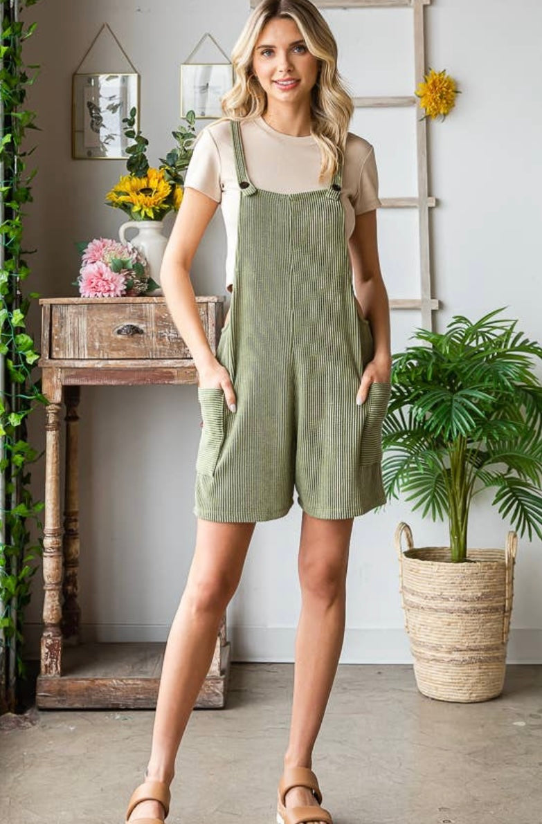Olive Ribbed Romper Overalls