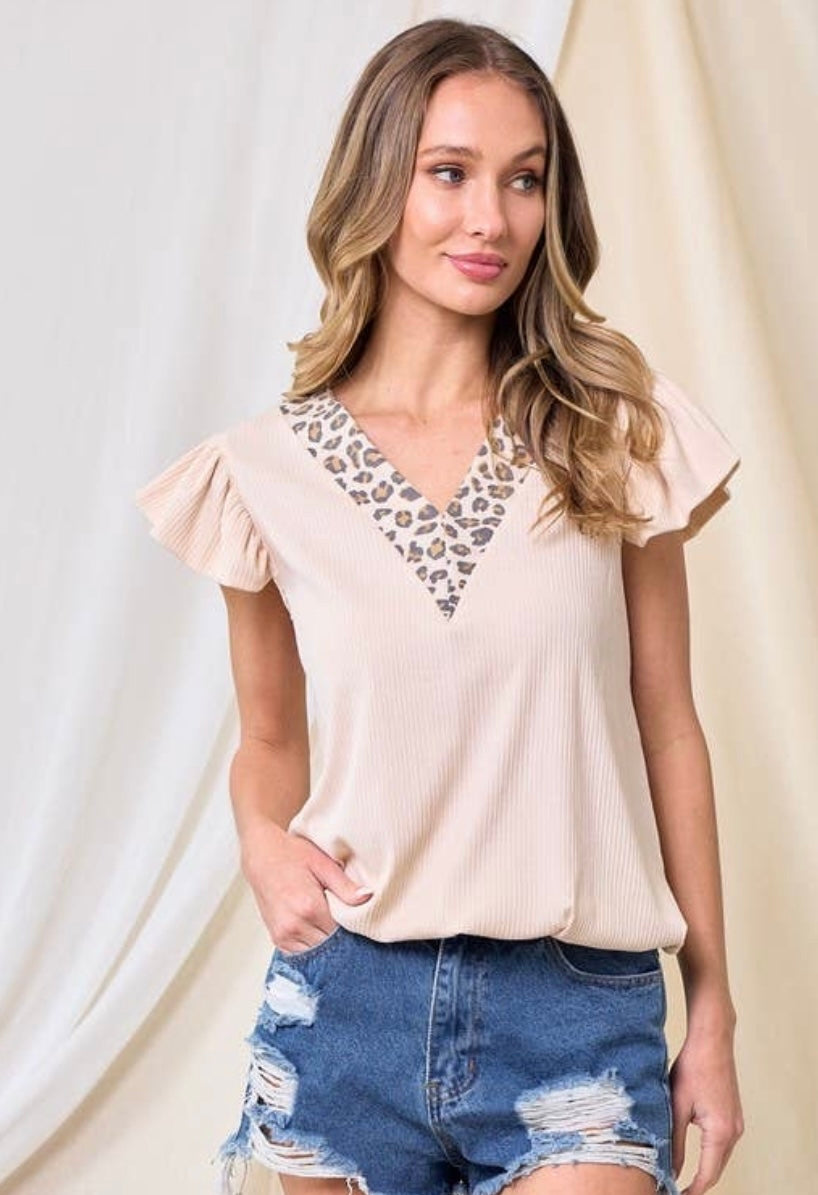 Rib V-Neck Ruffle Top