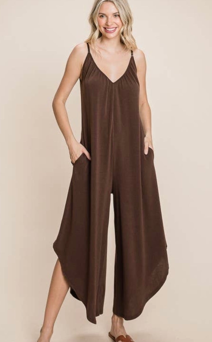 Brown French Terry Wide Leg Jumpsuit