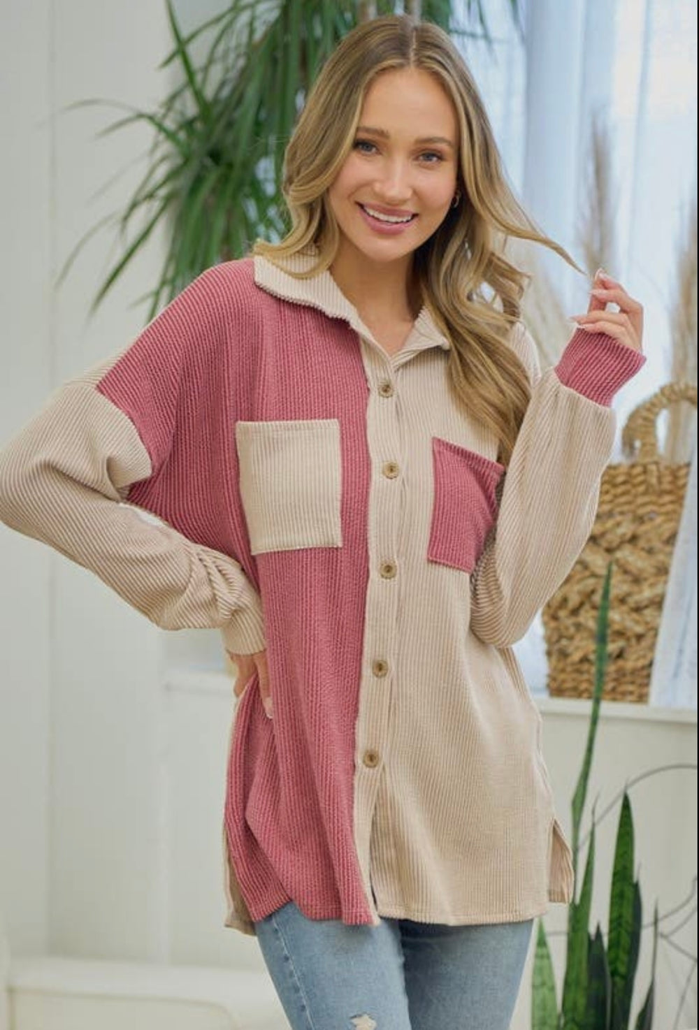 Ribbed Color Block Shacket
