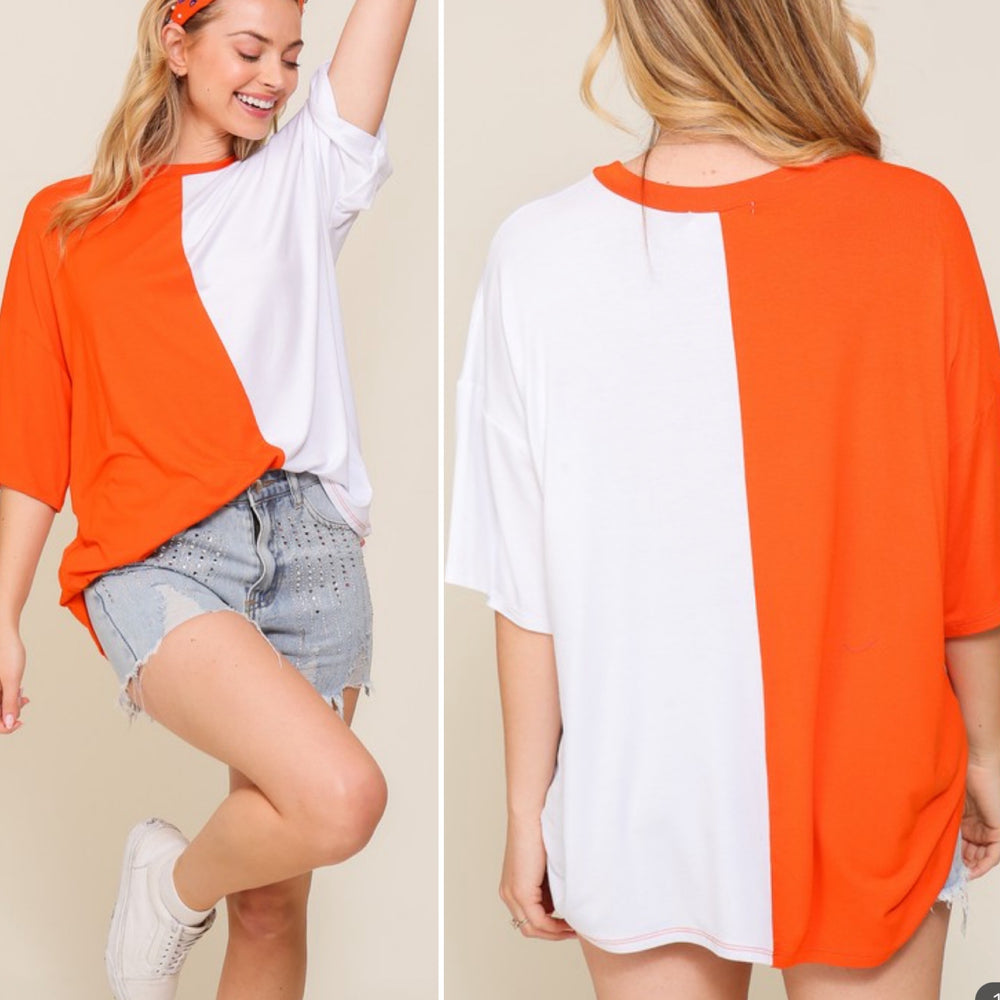 Orange and White Color Block Top