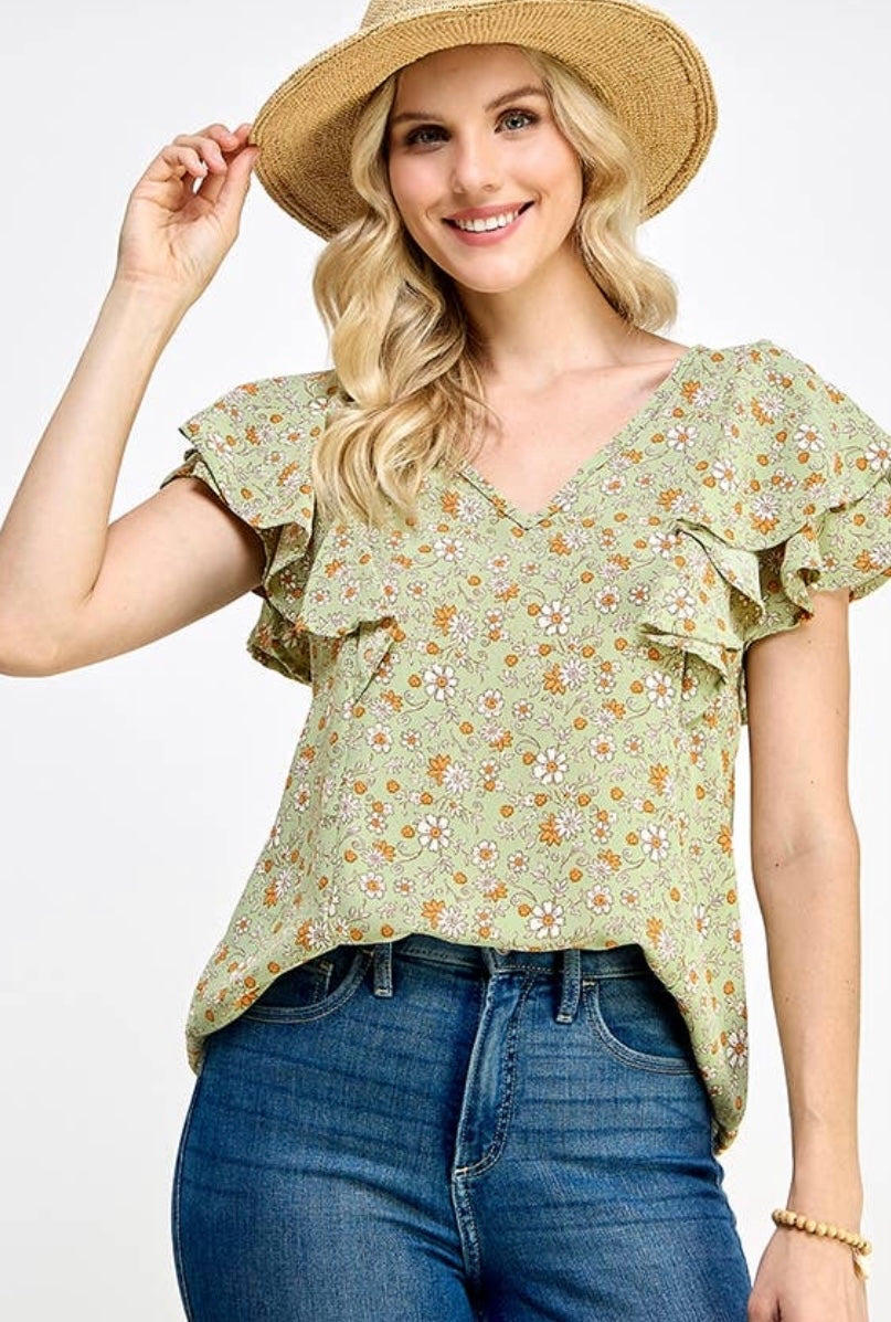 V-Neck Flutter Sleeve Top