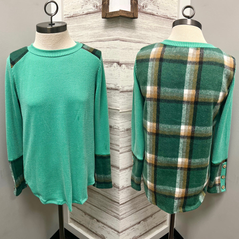 Rib Knit Plaid Detail Top