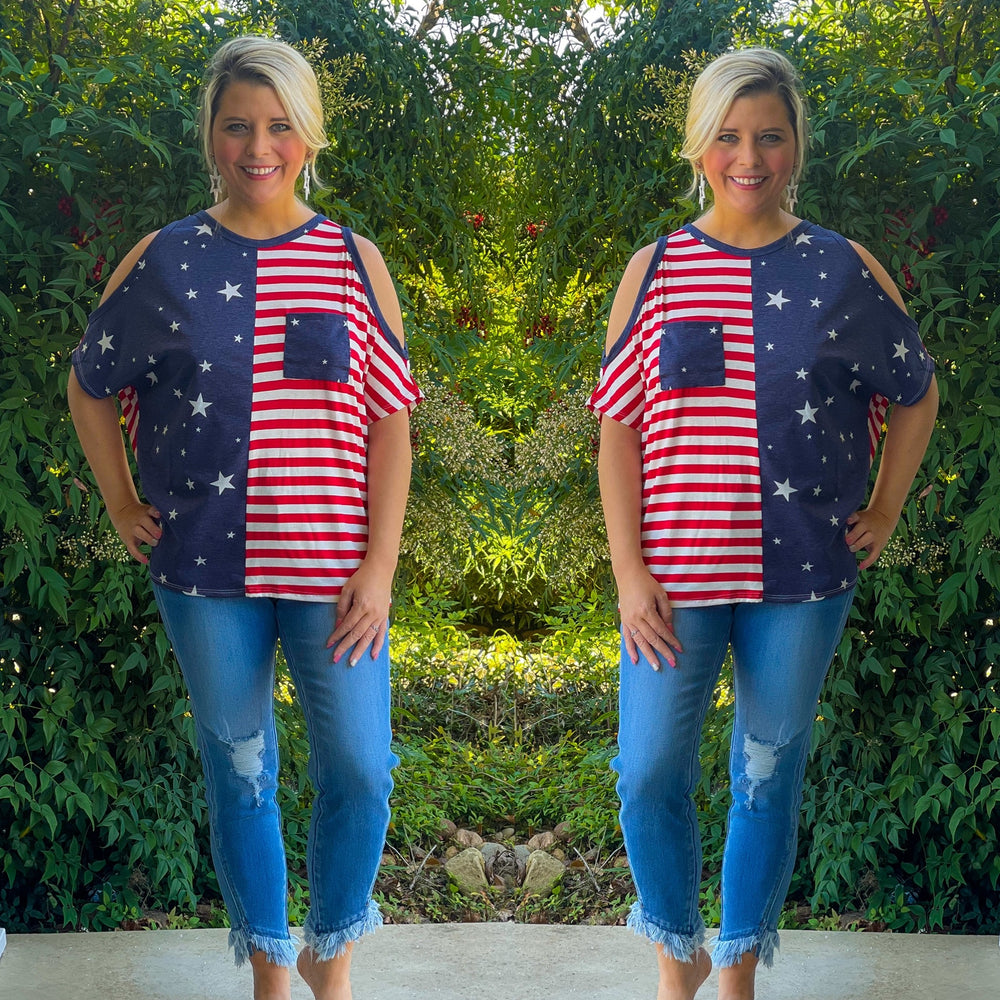 Cold Shoulder Red, White and Blue Top