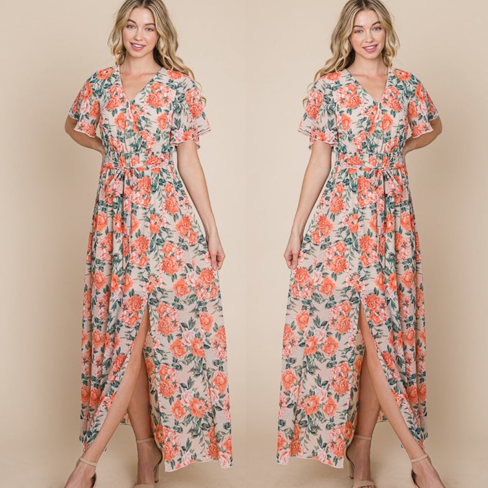 Floral Print Maxi Dress with Front Tie