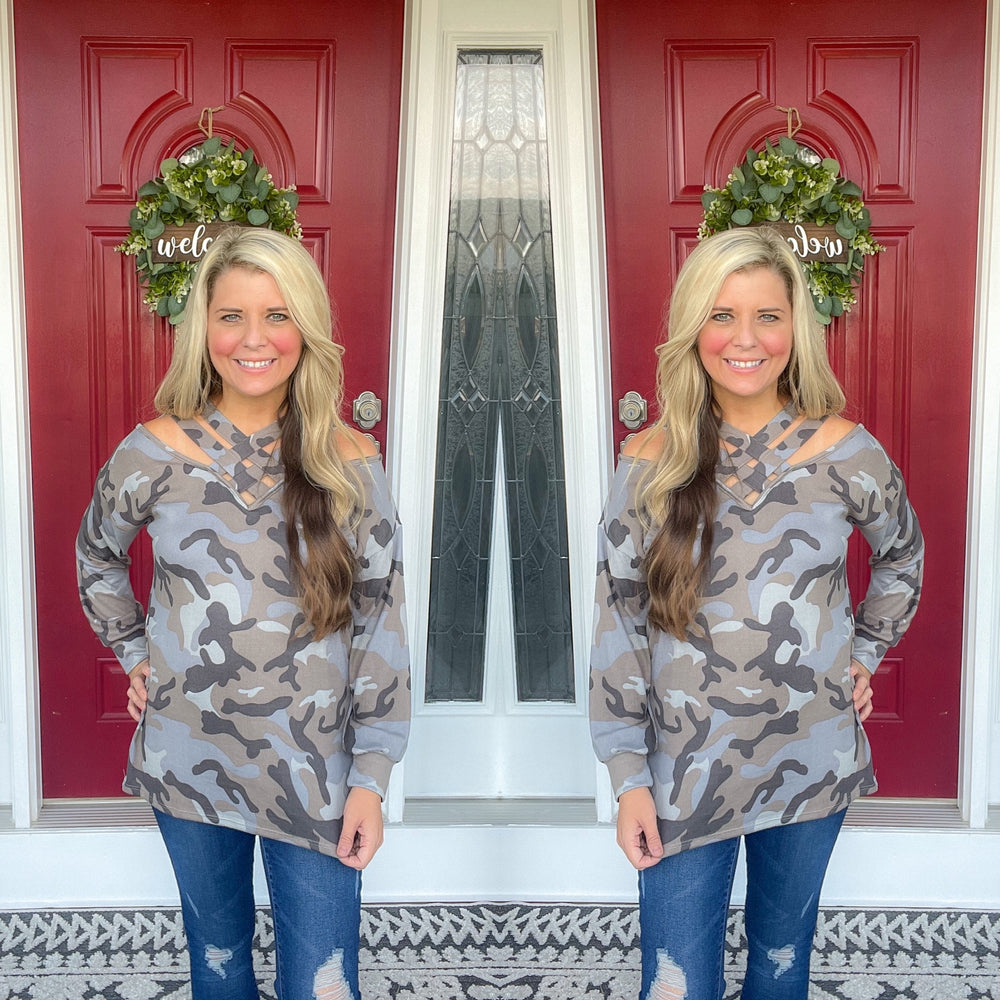 Camo Cut V-Neck Top