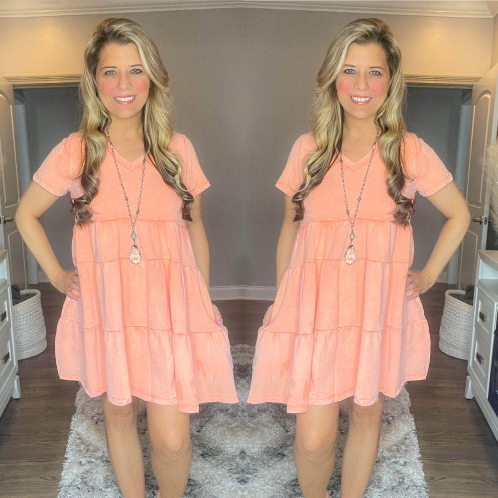 Peach Mineral Wash Tiered Dress