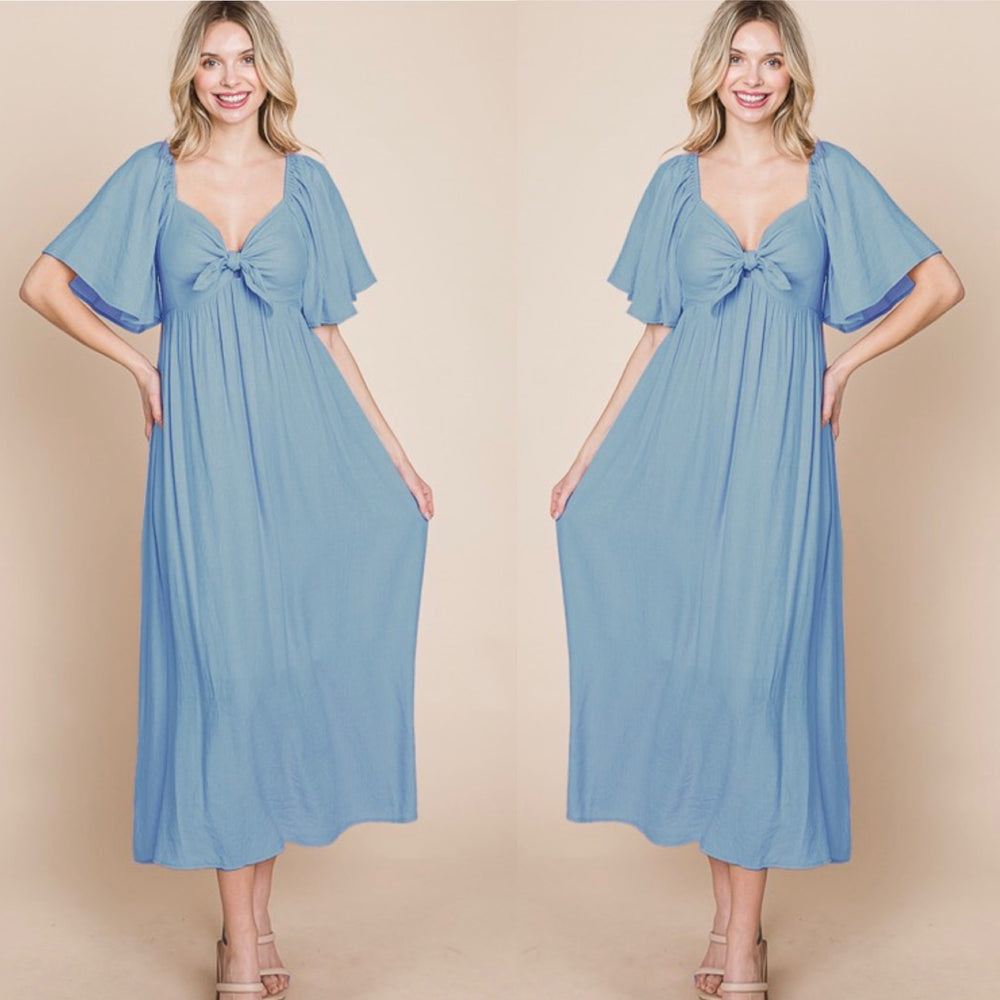 Blue Solid Front Bow Dress